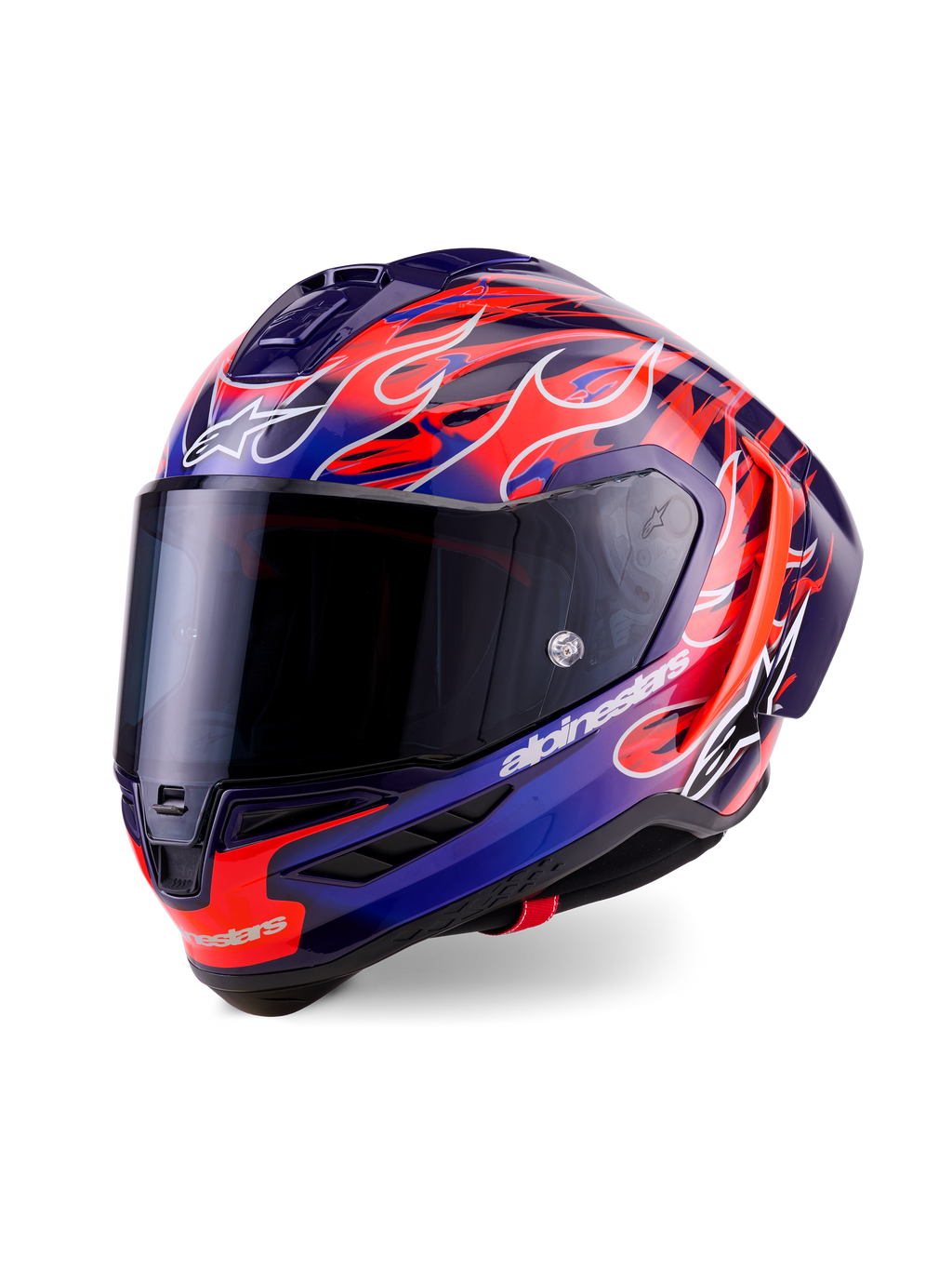 Alpinestars Supertech R10 Limited Edition Flyte Helmet, casco integrale da racing, viola e blu scuro con vivaci grafiche a fiamme arancioni, dotato di visiera fumé scura e calotta aerodinamica, equipaggiamento per motorsport ad alte prestazioni