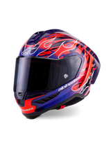 Alpinestars Supertech R10 Limited Edition Flyte Helmet, casco integrale da racing, viola e blu scuro con vivaci grafiche a fiamme arancioni, dotato di visiera fumé scura e calotta aerodinamica, equipaggiamento per motorsport ad alte prestazioni