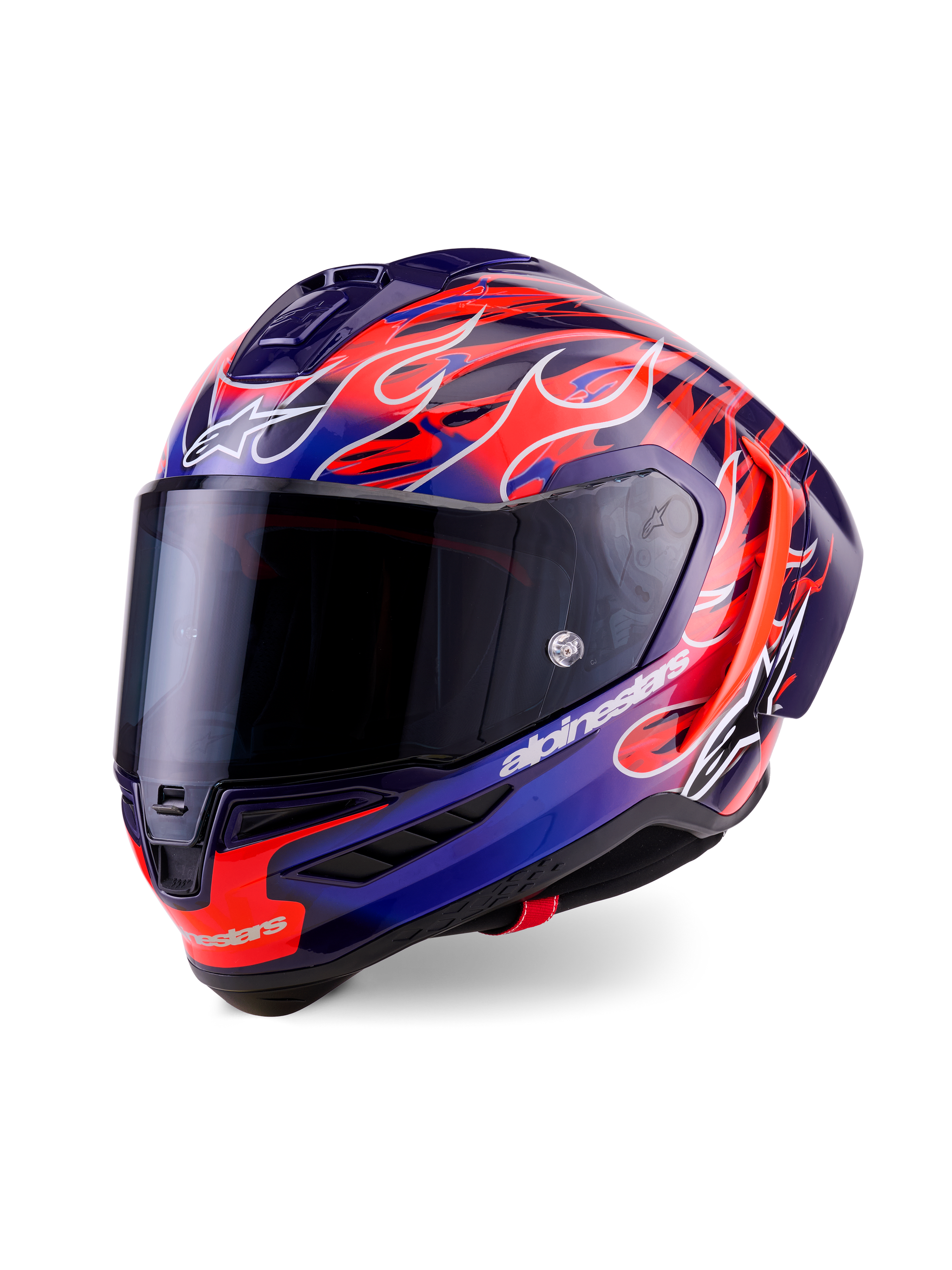 Alpinestars Supertech R10 Limited Edition Flyte Helmet, casco integrale da racing, viola e blu scuro con vivaci grafiche a fiamme arancioni, dotato di visiera fumé scura e calotta aerodinamica, equipaggiamento per motorsport ad alte prestazioni
