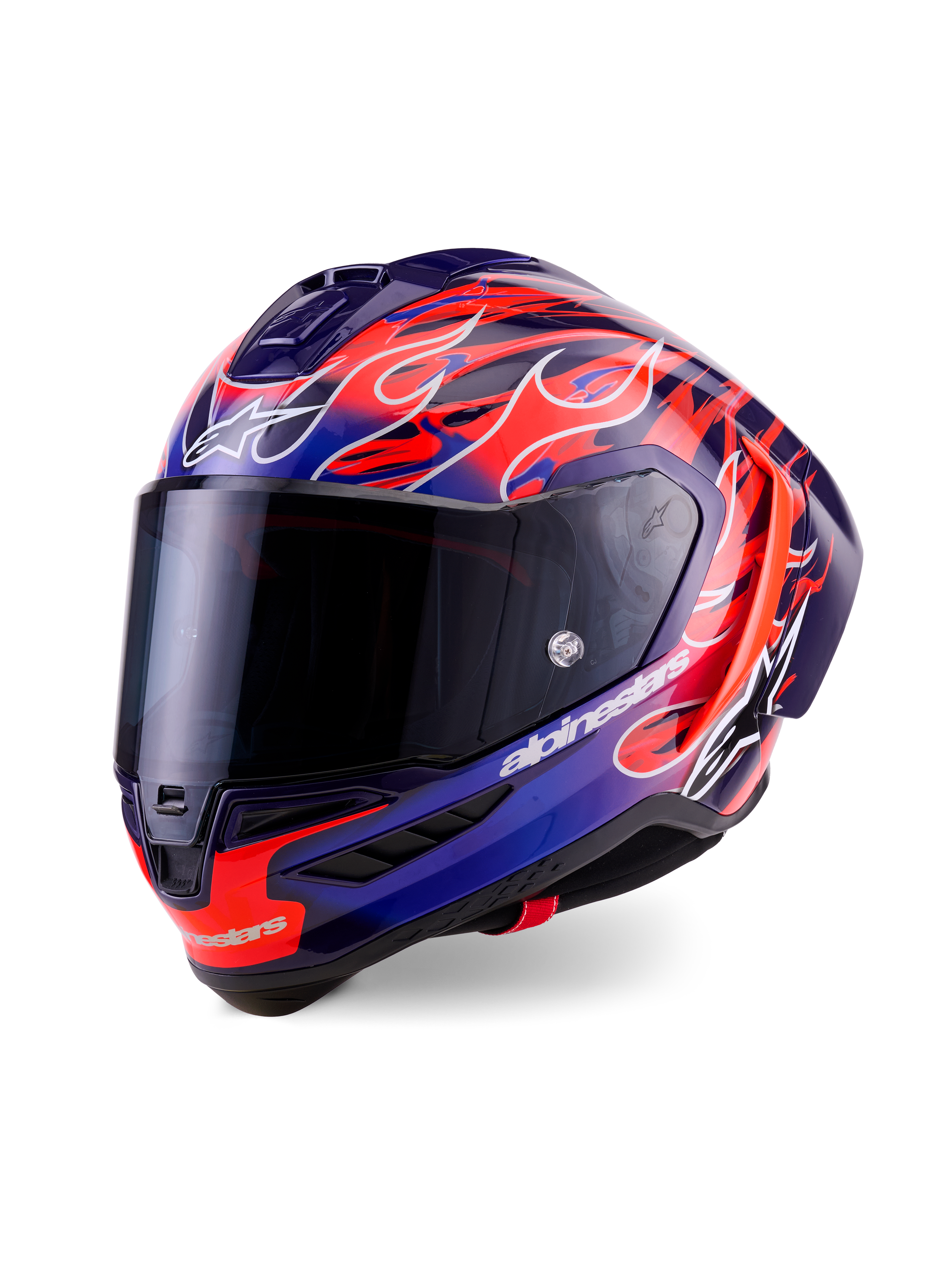 Alpinestars Supertech R10 Limited Edition Flyte Helmet, casco integrale da racing, viola e blu scuro con vivaci grafiche a fiamme arancioni, dotato di visiera fumé scura e calotta aerodinamica, equipaggiamento per motorsport ad alte prestazioni
