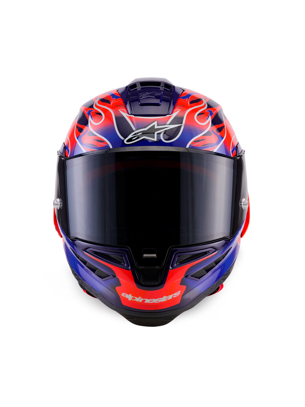 Casco Alpinestars Supertech R10 Limited Edition Flyte, casco integrale da corsa, vista frontale, motivo a fiamme viola e arancione, visiera fumé scura, design aerodinamico per guida ad alte prestazioni