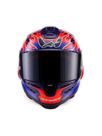 Casco Alpinestars Supertech R10 Limited Edition Flyte, casco integrale da corsa, vista frontale, motivo a fiamme viola e arancione, visiera fumé scura, design aerodinamico per guida ad alte prestazioni