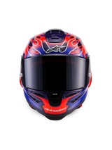 Casco Alpinestars Supertech R10 Limited Edition Flyte, casco integrale da corsa, vista frontale, motivo a fiamme viola e arancione, visiera fumé scura, design aerodinamico per guida ad alte prestazioni