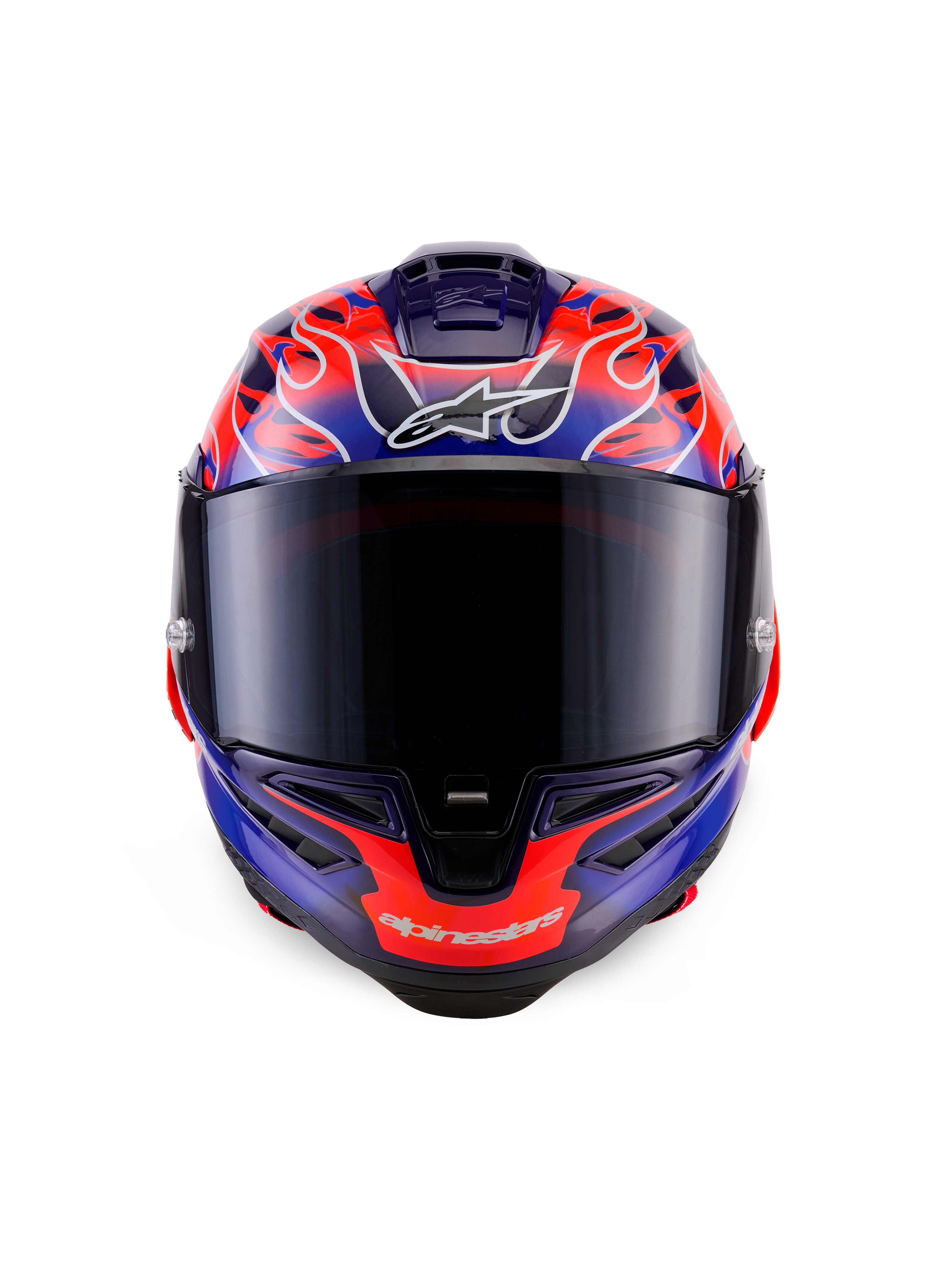 Casco Alpinestars Supertech R10 Limited Edition Flyte, casco integrale da corsa, vista frontale, motivo a fiamme viola e arancione, visiera fumé scura, design aerodinamico per guida ad alte prestazioni