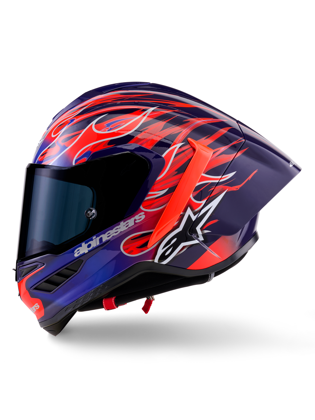 Casco Alpinestars Supertech R10 Limited Edition Flyte, casco integrale da corsa, viola e rosso lucido con motivo a fiamme, dotato di visiera fumé scura e spoiler posteriore aerodinamico