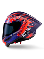 Casco Alpinestars Supertech R10 Limited Edition Flyte, casco integrale da corsa, viola e rosso lucido con motivo a fiamme, dotato di visiera fumé scura e spoiler posteriore aerodinamico