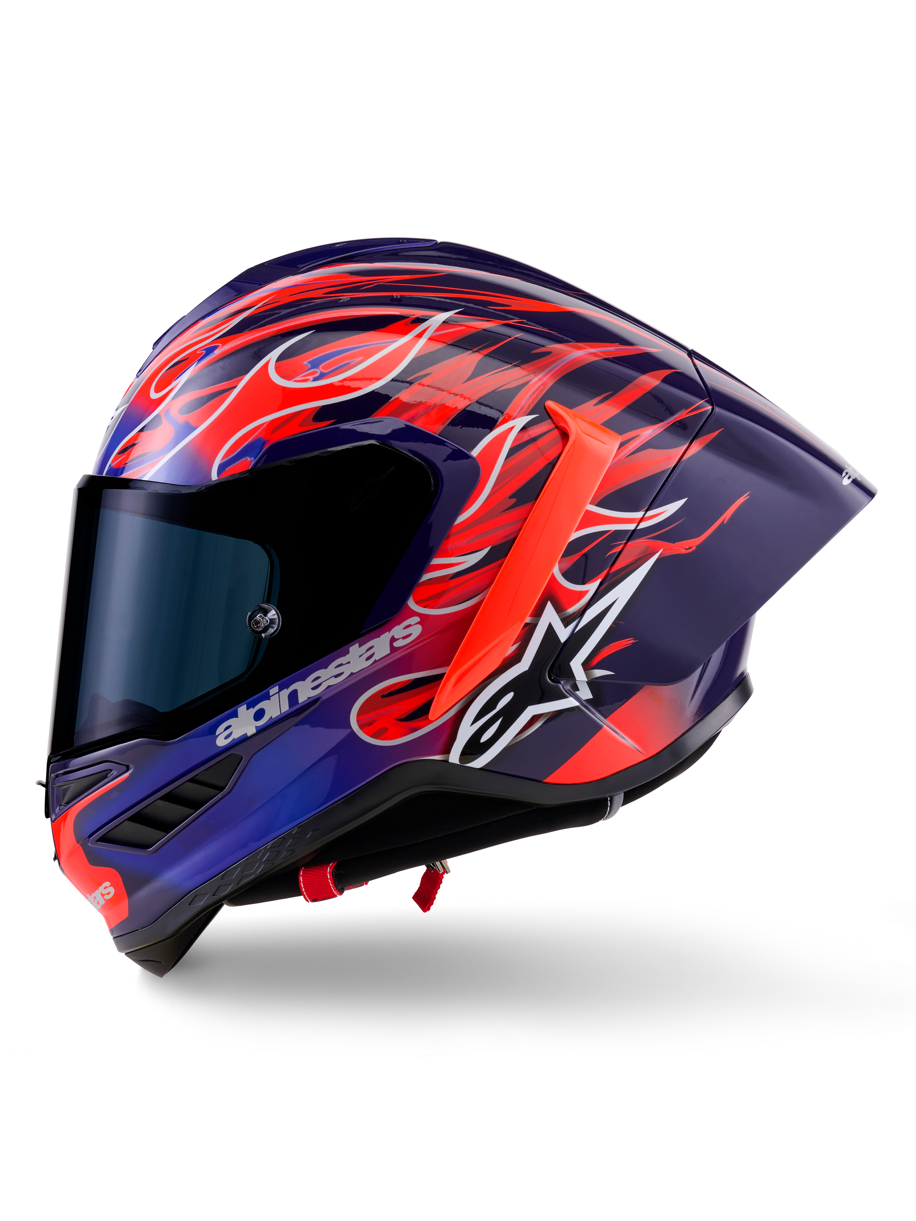 Casco Alpinestars Supertech R10 Limited Edition Flyte, casco integrale da corsa, viola e rosso lucido con motivo a fiamme, dotato di visiera fumé scura e spoiler posteriore aerodinamico