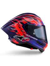 Alpinestars Supertech R10 Limited Edition Flyte Helmet, casco integrale da moto, Purple Red Glossy, base blu profondo e viola con motivi a fiamme arancioni e rosse vivaci, profilo aerodinamico con spoiler posteriore rosso e visiera fumé scura, attrezzatura professionale da gara