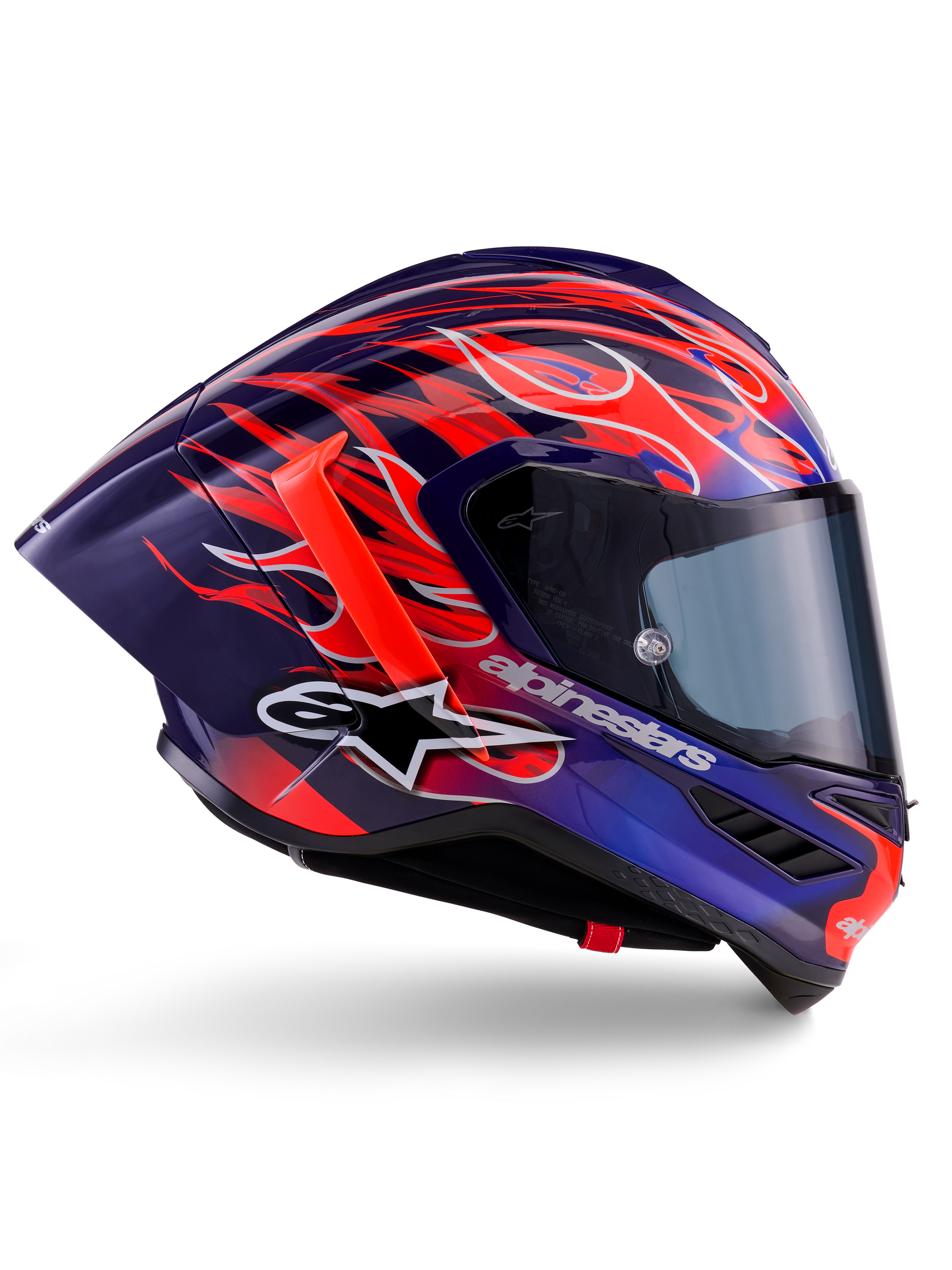 Alpinestars Supertech R10 Limited Edition Flyte Helmet, casco integrale da moto, Purple Red Glossy, base blu profondo e viola con motivi a fiamme arancioni e rosse vivaci, profilo aerodinamico con spoiler posteriore rosso e visiera fumé scura, attrezzatura professionale da gara