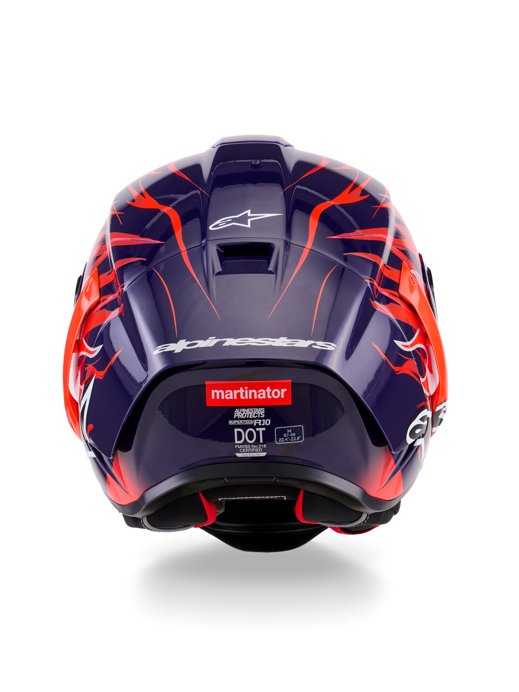 Vista posteriore del casco Alpinestars Supertech R10 Limited Edition Flyte, caratterizzato da una calotta lucida viola scuro con vivaci grafiche a fiamme arancioni, logo Alpinestars bianco e logo 'martinator' sul retro.