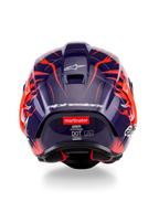 Vista posteriore del casco Alpinestars Supertech R10 Limited Edition Flyte, caratterizzato da una calotta lucida viola scuro con vivaci grafiche a fiamme arancioni, logo Alpinestars bianco e logo 'martinator' sul retro.