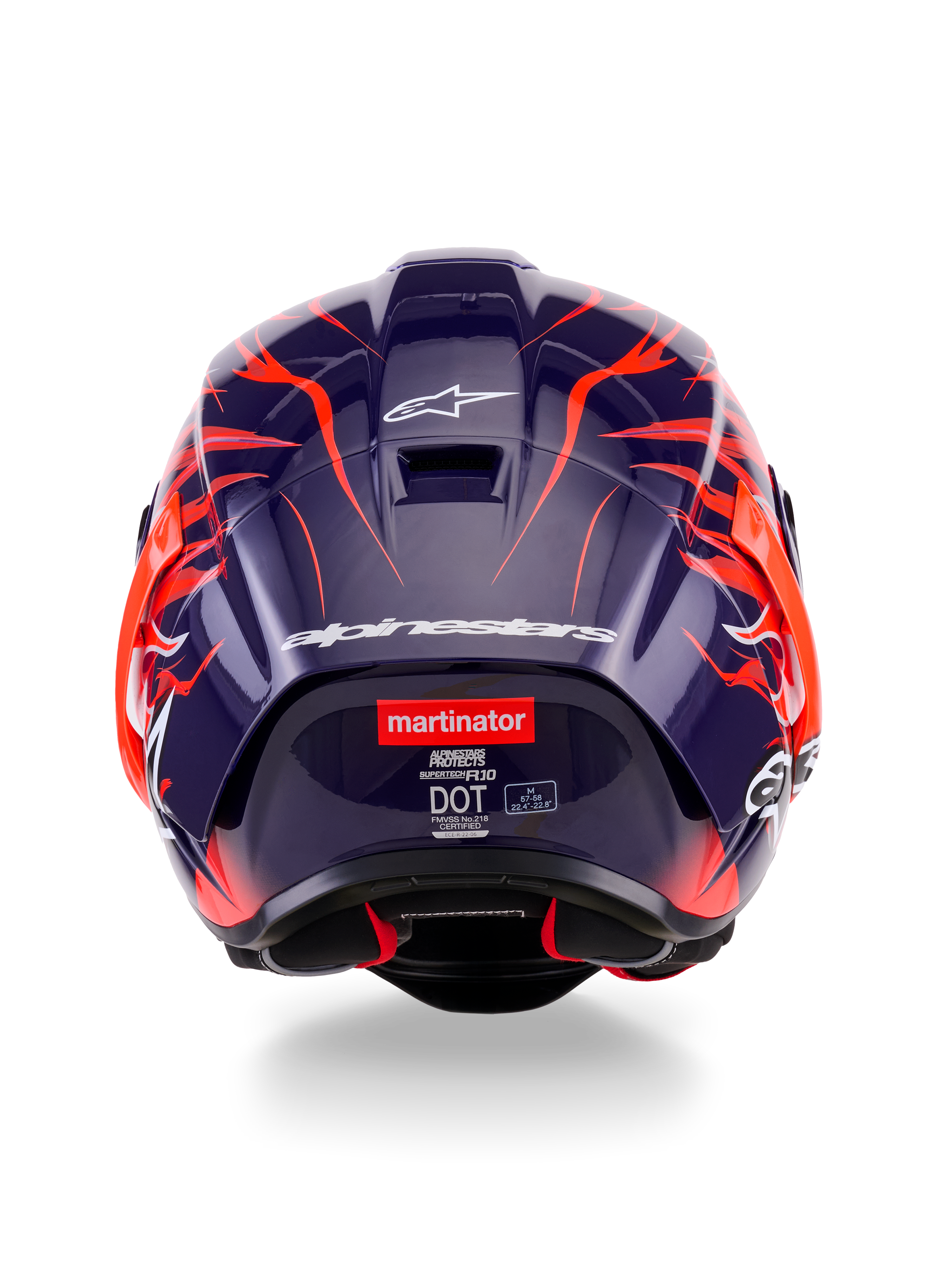 Vista posteriore del casco Alpinestars Supertech R10 Limited Edition Flyte, caratterizzato da una calotta lucida viola scuro con vivaci grafiche a fiamme arancioni, logo Alpinestars bianco e logo 'martinator' sul retro.