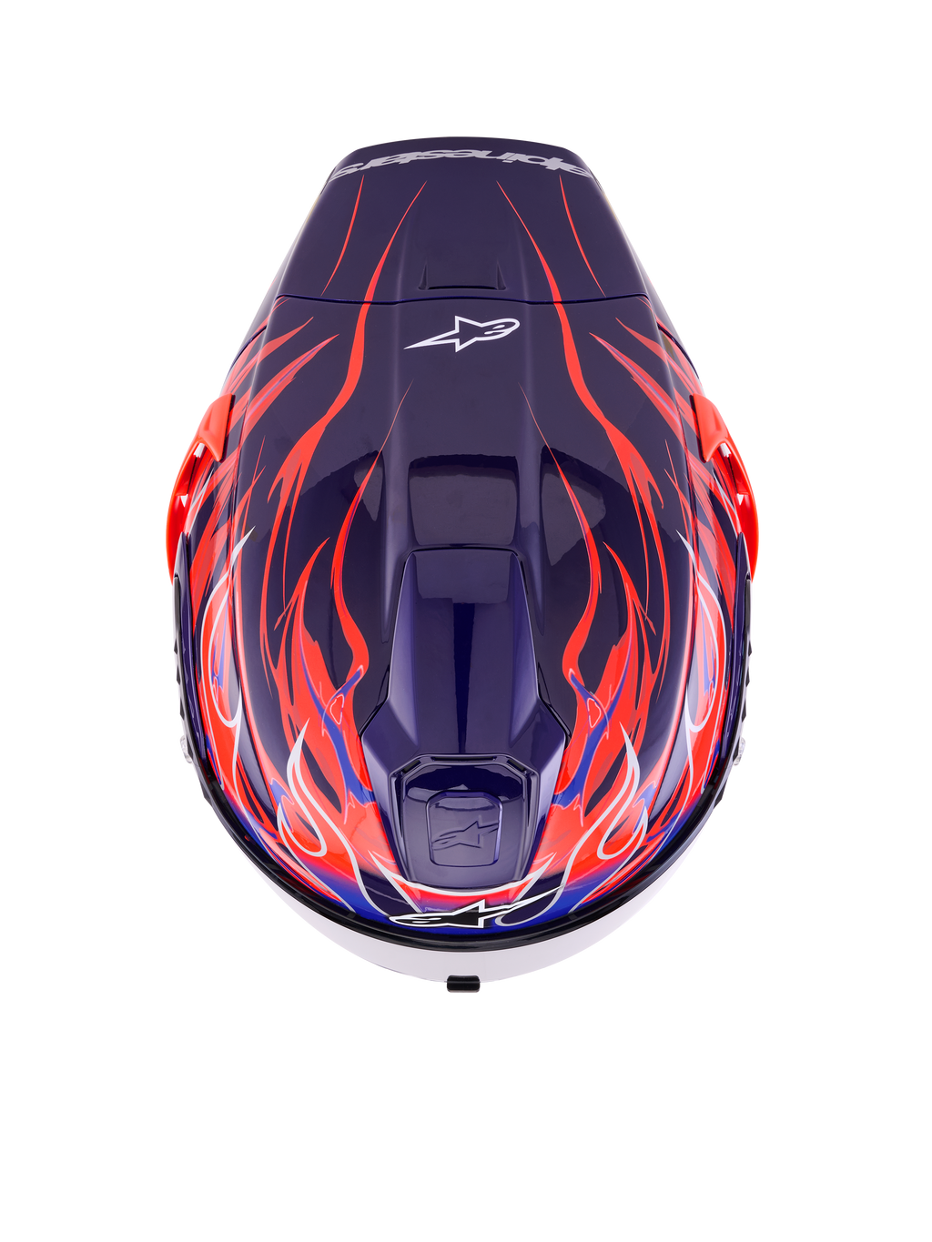 Casco Alpinestars Supertech R10 Limited Edition Flyte, casco integrale da corsa, viola rosso lucido con motivi a fiamme blu profondo e arancione ardente, vista dall'alto che mostra le prese d'aria superiori e il logo Alpinestars, design aerodinamico professionale per la guida ad alte prestazioni