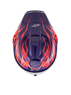 Casco Alpinestars Supertech R10 Limited Edition Flyte, casco integrale da corsa, viola rosso lucido con motivi a fiamme blu profondo e arancione ardente, vista dall'alto che mostra le prese d'aria superiori e il logo Alpinestars, design aerodinamico professionale per la guida ad alte prestazioni