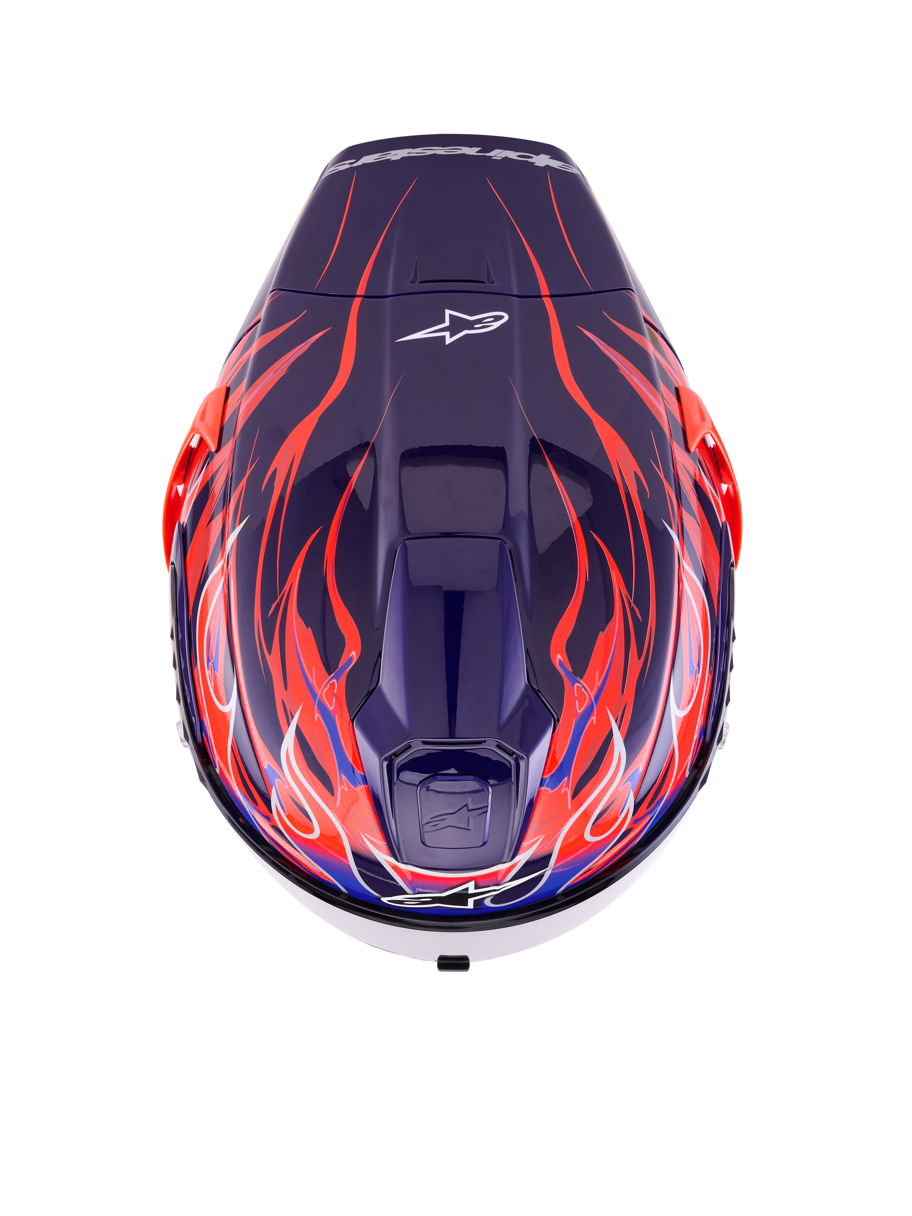 Casco Alpinestars Supertech R10 Limited Edition Flyte, casco integrale da corsa, viola rosso lucido con motivi a fiamme blu profondo e arancione ardente, vista dall'alto che mostra le prese d'aria superiori e il logo Alpinestars, design aerodinamico professionale per la guida ad alte prestazioni