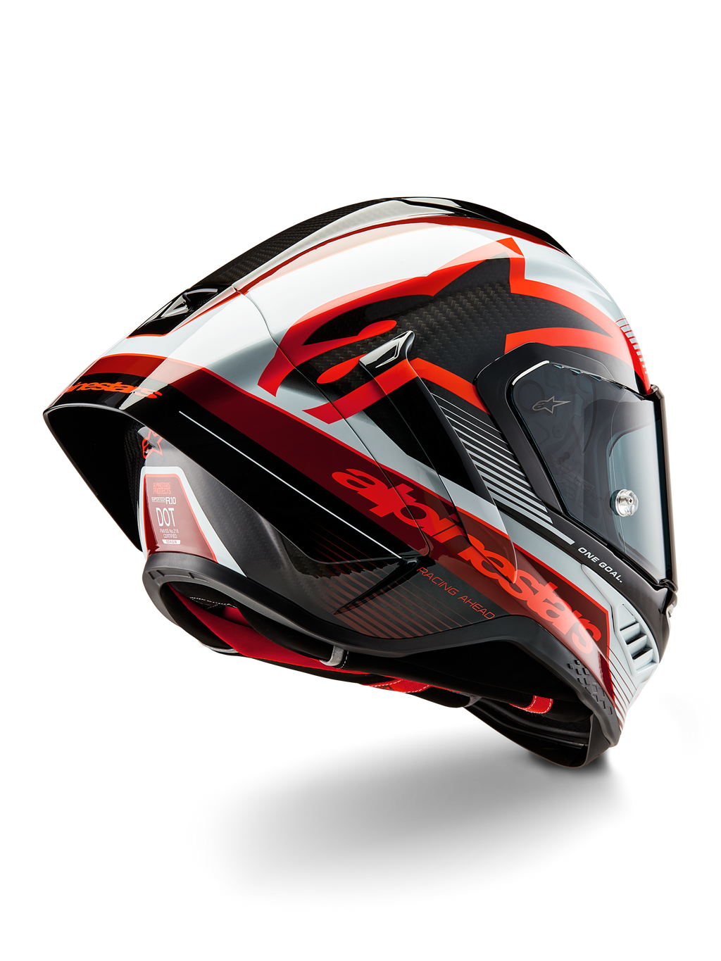 Casco Alpinestars Supertech R10 Team, casco integrale da corsa, nero carbonio, rosso e bianco lucido, design aerodinamico con spoiler posteriore e trama in fibra di carbonio a vista, con loghi Alpinestars evidenti ed etichetta di certificazione DOT