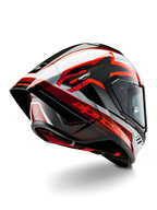 Casco Alpinestars Supertech R10 Team, casco integrale da corsa, nero carbonio, rosso e bianco lucido, design aerodinamico con spoiler posteriore e trama in fibra di carbonio a vista, con loghi Alpinestars evidenti ed etichetta di certificazione DOT