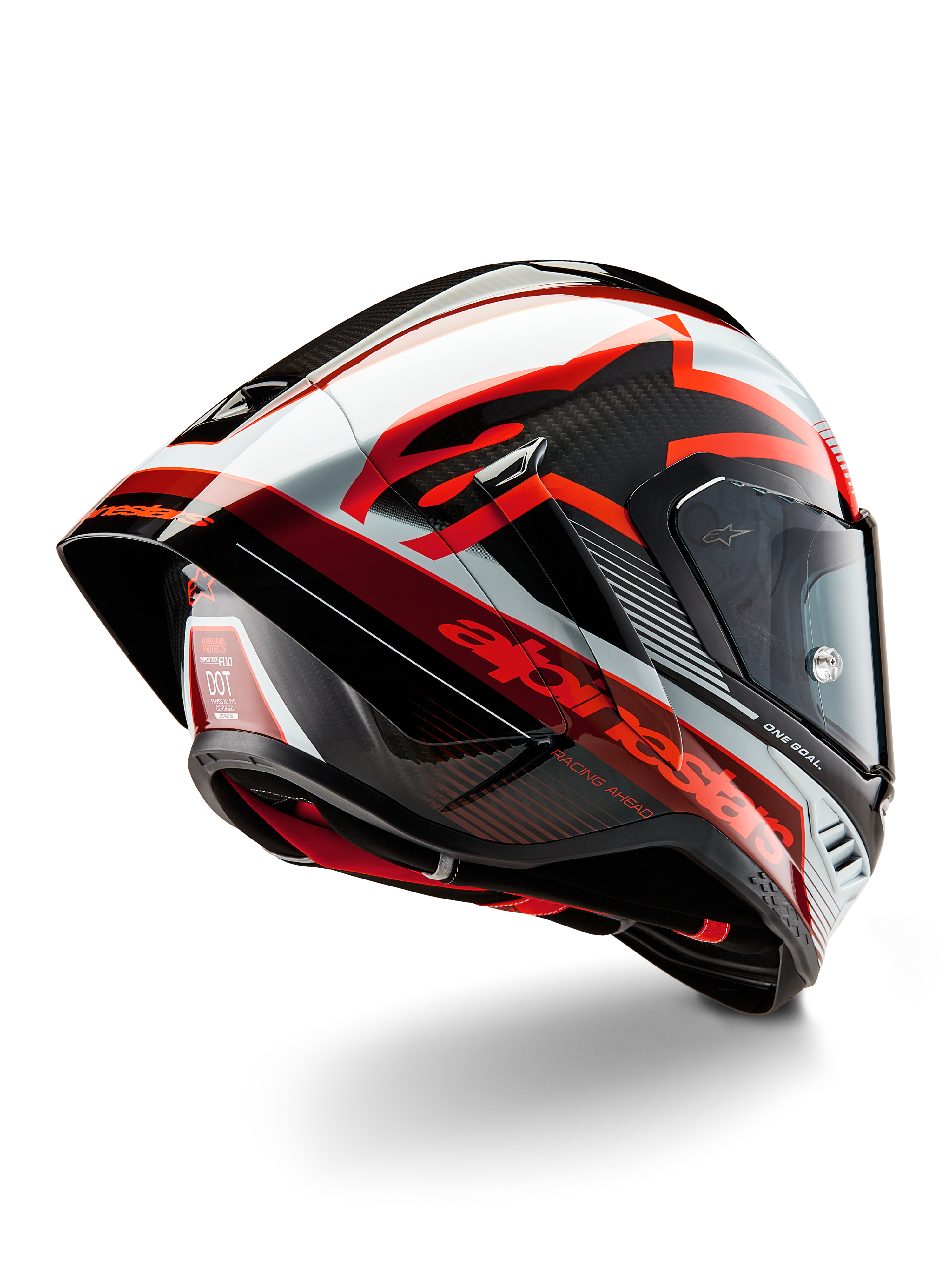 Casco Alpinestars Supertech R10 Team, casco integrale da corsa, nero carbonio, rosso e bianco lucido, design aerodinamico con spoiler posteriore e trama in fibra di carbonio a vista, con loghi Alpinestars evidenti ed etichetta di certificazione DOT