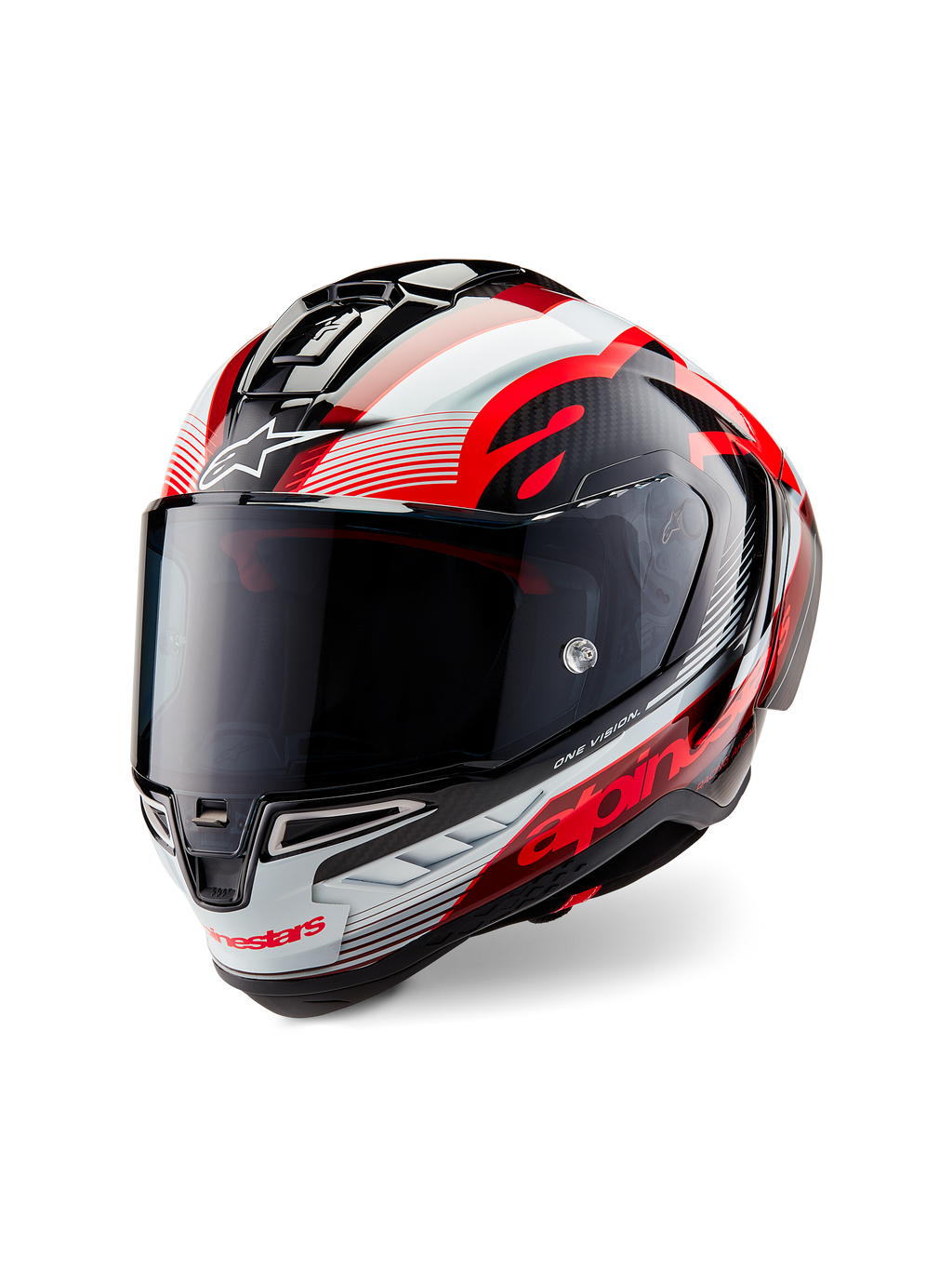 Casco Alpinestars Supertech R10 Team, casco da moto integrale, carbonio nero lucido con grafiche rosse e bianche, calotta aerodinamica, logo Alpinestars in evidenza e visiera fumé