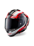 Casco Alpinestars Supertech R10 Team, casco da moto integrale, carbonio nero lucido con grafiche rosse e bianche, calotta aerodinamica, logo Alpinestars in evidenza e visiera fumé