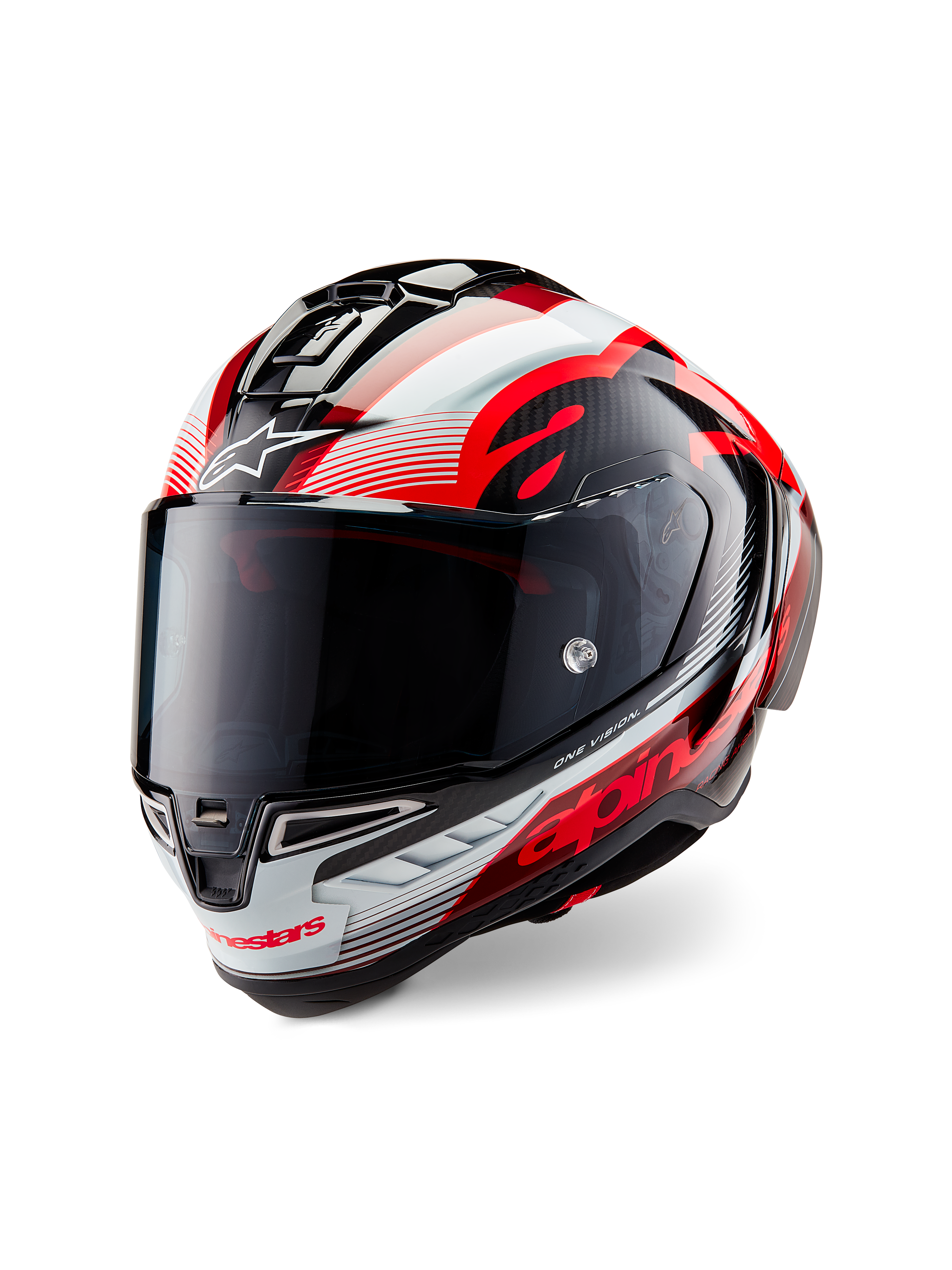 Casco Alpinestars Supertech R10 Team, casco da moto integrale, carbonio nero lucido con grafiche rosse e bianche, calotta aerodinamica, logo Alpinestars in evidenza e visiera fumé