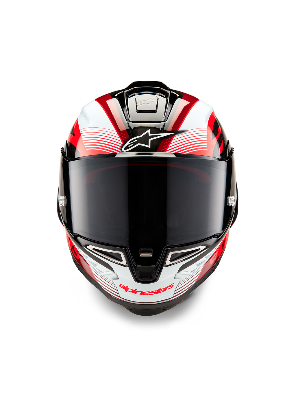 Casco Alpinestars Supertech R10 Team, vista frontale, nero carbonio rosso e bianco lucido, con visiera fumé scura, logo Astar bianco sulla fronte, branding Alpinestars rosso sulla mentoniera, design aerodinamico racing con grafiche elaborate