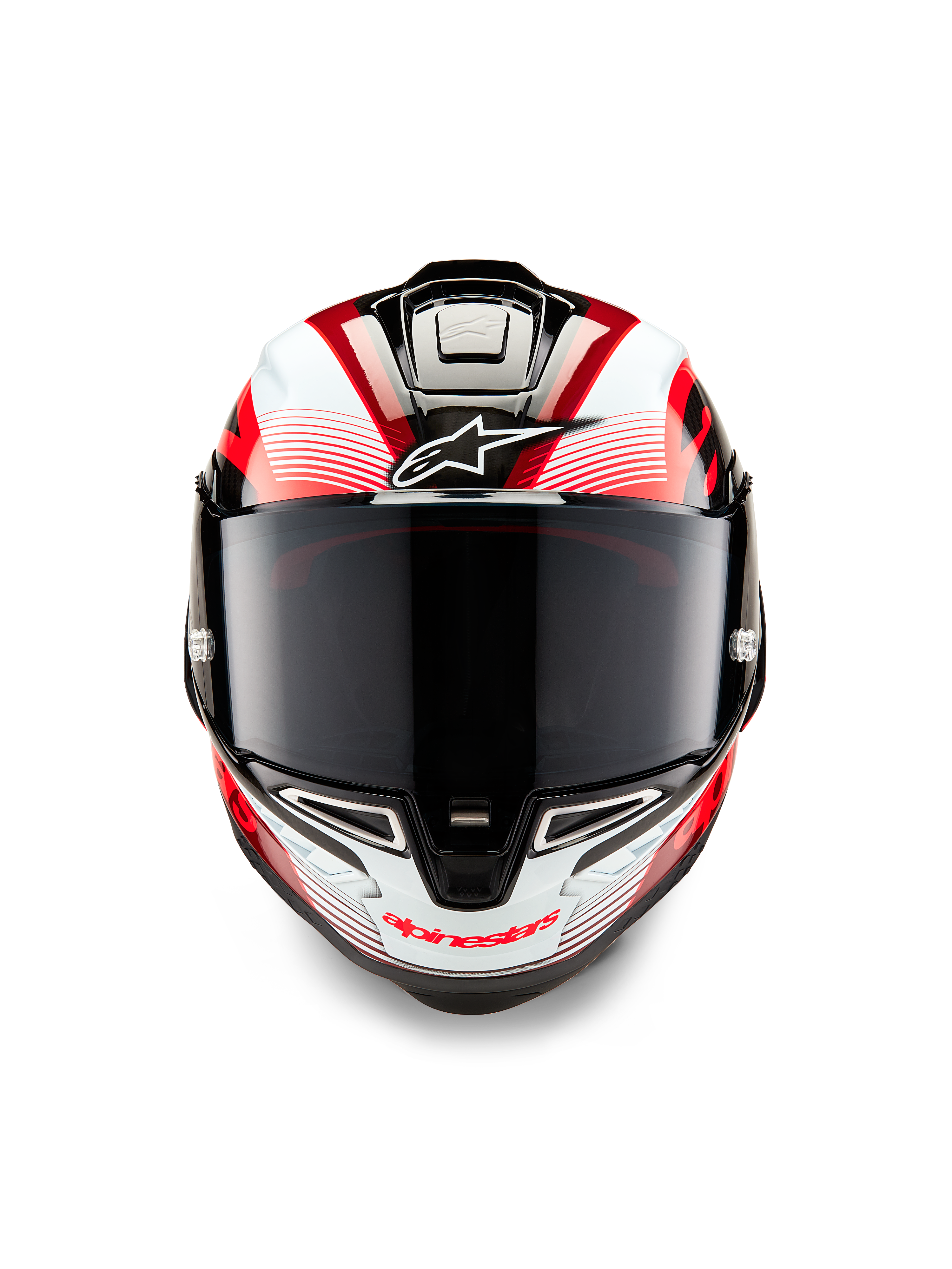 Casco Alpinestars Supertech R10 Team, vista frontale, nero carbonio rosso e bianco lucido, con visiera fumé scura, logo Astar bianco sulla fronte, branding Alpinestars rosso sulla mentoniera, design aerodinamico racing con grafiche elaborate