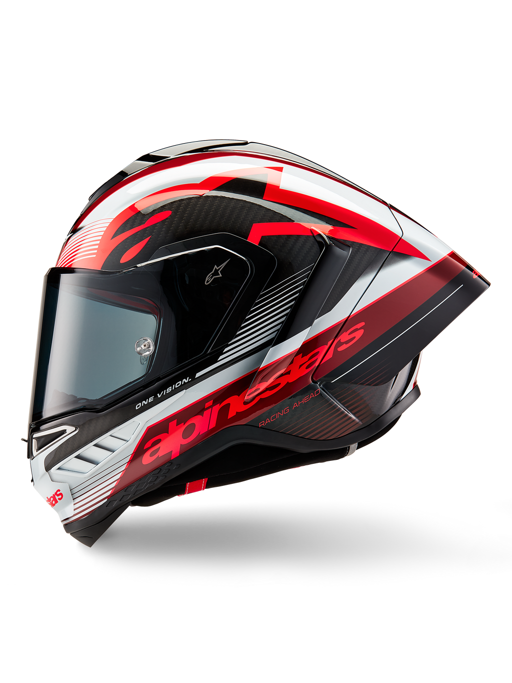 Casco Alpinestars Supertech R10 Team, casco integrale da moto racing, finitura lucida nero carbonio, rosso e bianco, profilo laterale con design aerodinamico, logo rosso con scritte 'One Vision' e 'Racing Ahead', elegante costruzione in fibra di carbonio per prestazioni professionali.