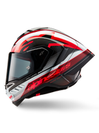 Casco Alpinestars Supertech R10 Team, casco integrale da moto racing, finitura lucida nero carbonio, rosso e bianco, profilo laterale con design aerodinamico, logo rosso con scritte 'One Vision' e 'Racing Ahead', elegante costruzione in fibra di carbonio per prestazioni professionali.