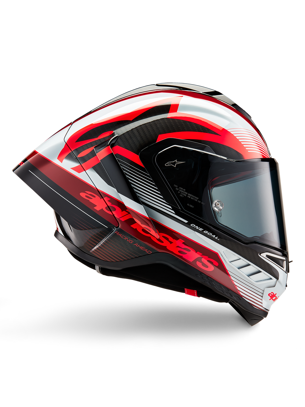 Casco Alpinestars Supertech R10 Team, casco da moto racing, carbonio nero con grafiche lucide rosse e bianche, profilo aerodinamico con visiera scura, dettagli in fibra di carbonio e logo rosso vivace, equipaggiamento racing ad alte prestazioni