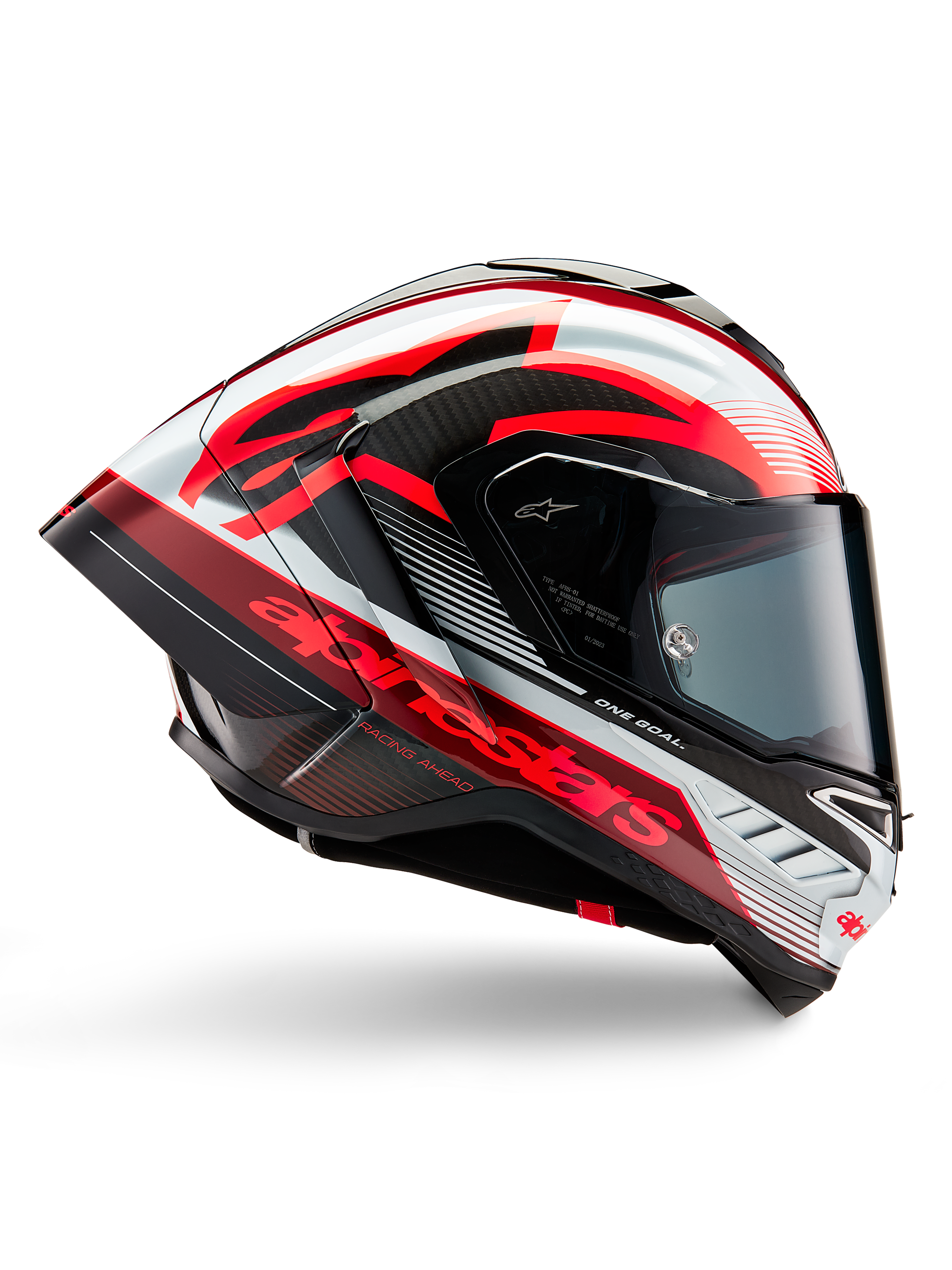 Casco Alpinestars Supertech R10 Team, casco da moto racing, carbonio nero con grafiche lucide rosse e bianche, profilo aerodinamico con visiera scura, dettagli in fibra di carbonio e logo rosso vivace, equipaggiamento racing ad alte prestazioni