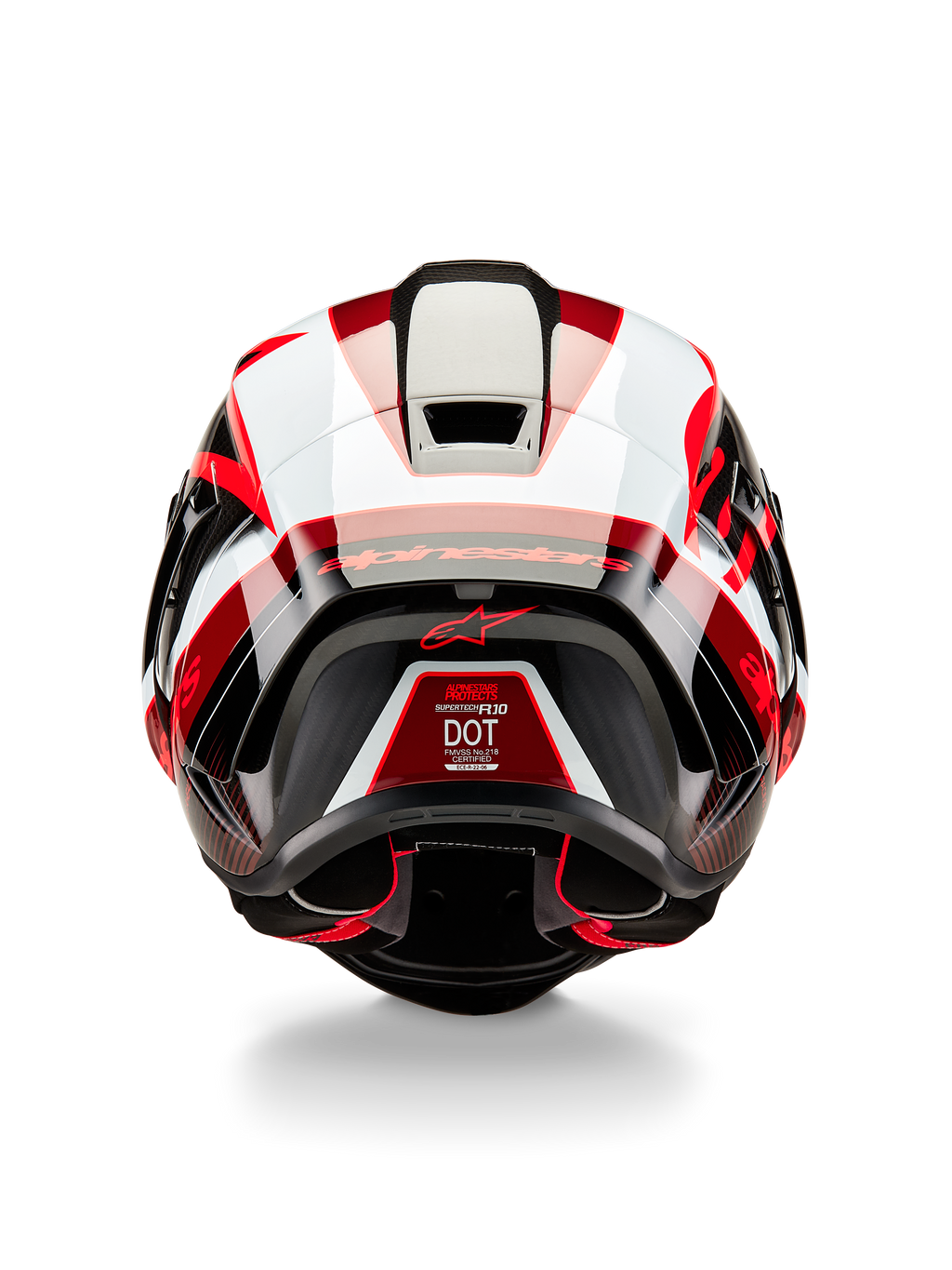 Casco Alpinestars Supertech R10 Team, vista posteriore, nero carbonio rosso e bianco lucido, design aerodinamico della calotta con vivaci pannelli rossi e bianchi, marchio Alpinestars sullo spoiler e logo a stella rossa, casco da moto da corsa professionale