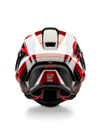 Casco Alpinestars Supertech R10 Team, vista posteriore, nero carbonio rosso e bianco lucido, design aerodinamico della calotta con vivaci pannelli rossi e bianchi, marchio Alpinestars sullo spoiler e logo a stella rossa, casco da moto da corsa professionale