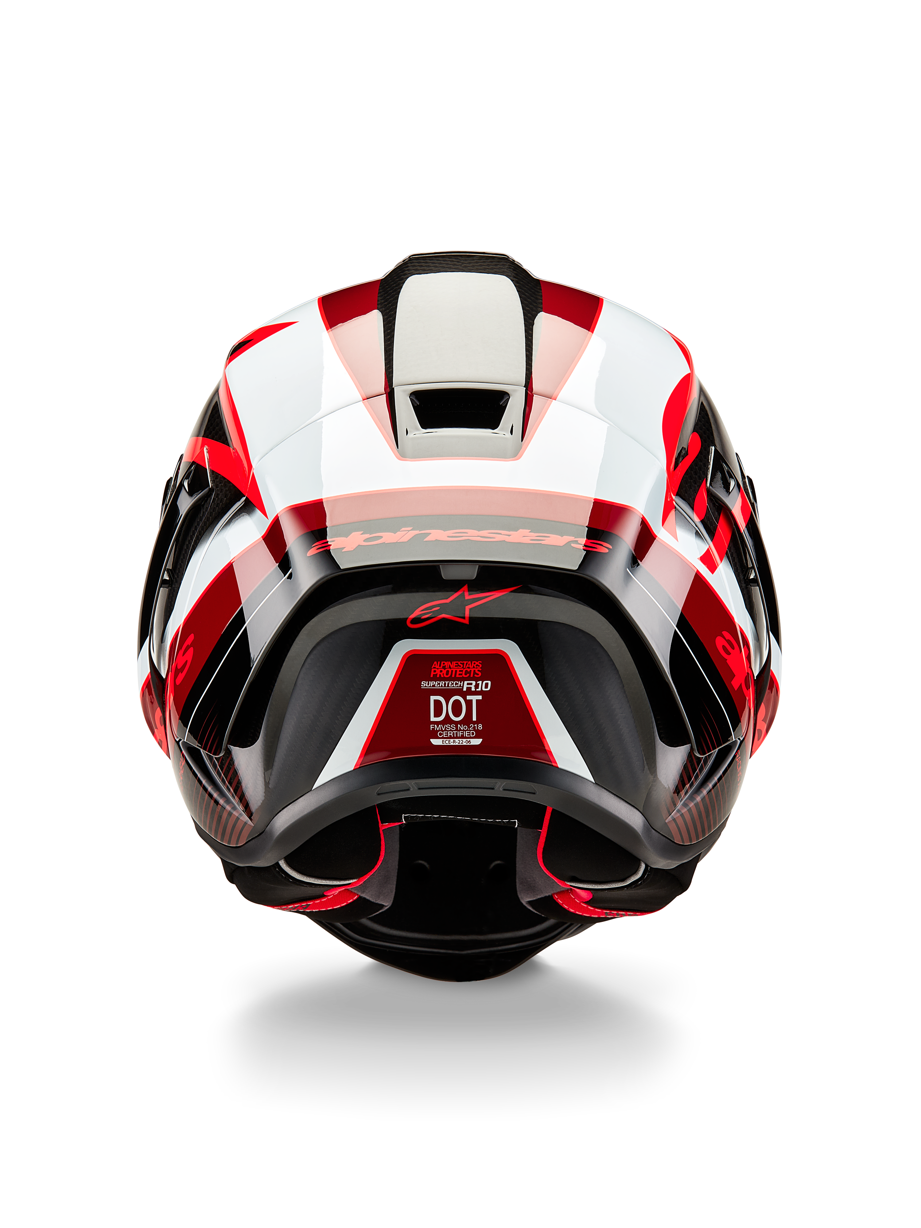 Casco Alpinestars Supertech R10 Team, vista posteriore, nero carbonio rosso e bianco lucido, design aerodinamico della calotta con vivaci pannelli rossi e bianchi, marchio Alpinestars sullo spoiler e logo a stella rossa, casco da moto da corsa professionale