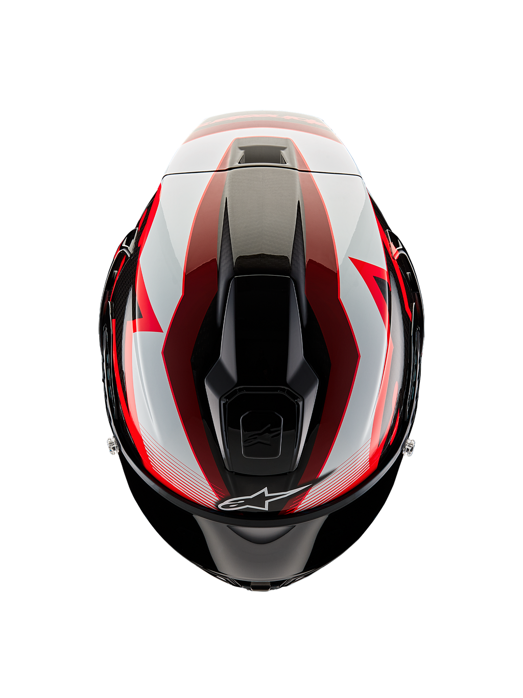 Casco Alpinestars Supertech R10 Team, vista dall'alto, Nero Carbonio Rosso e Bianco Lucido, calotta aerodinamica con prese d'aria centrali e grafiche racing audaci, casco da moto sportivo professionale