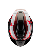 Casco Alpinestars Supertech R10 Team, vista dall'alto, Nero Carbonio Rosso e Bianco Lucido, calotta aerodinamica con prese d'aria centrali e grafiche racing audaci, casco da moto sportivo professionale