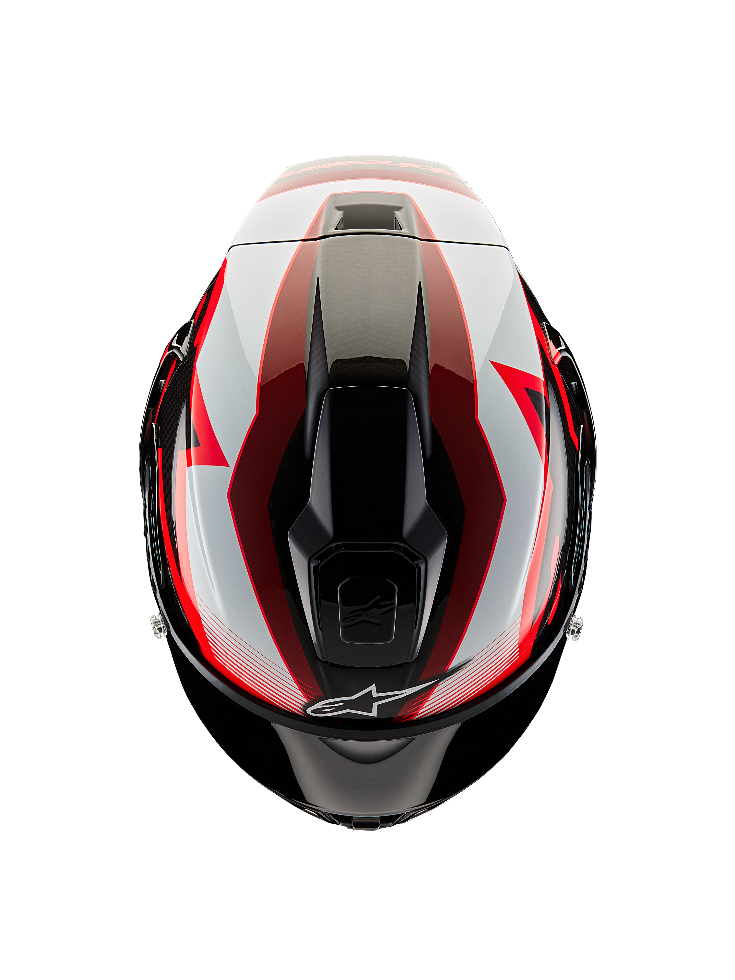Casco Alpinestars Supertech R10 Team, vista dall'alto, Nero Carbonio Rosso e Bianco Lucido, calotta aerodinamica con prese d'aria centrali e grafiche racing audaci, casco da moto sportivo professionale