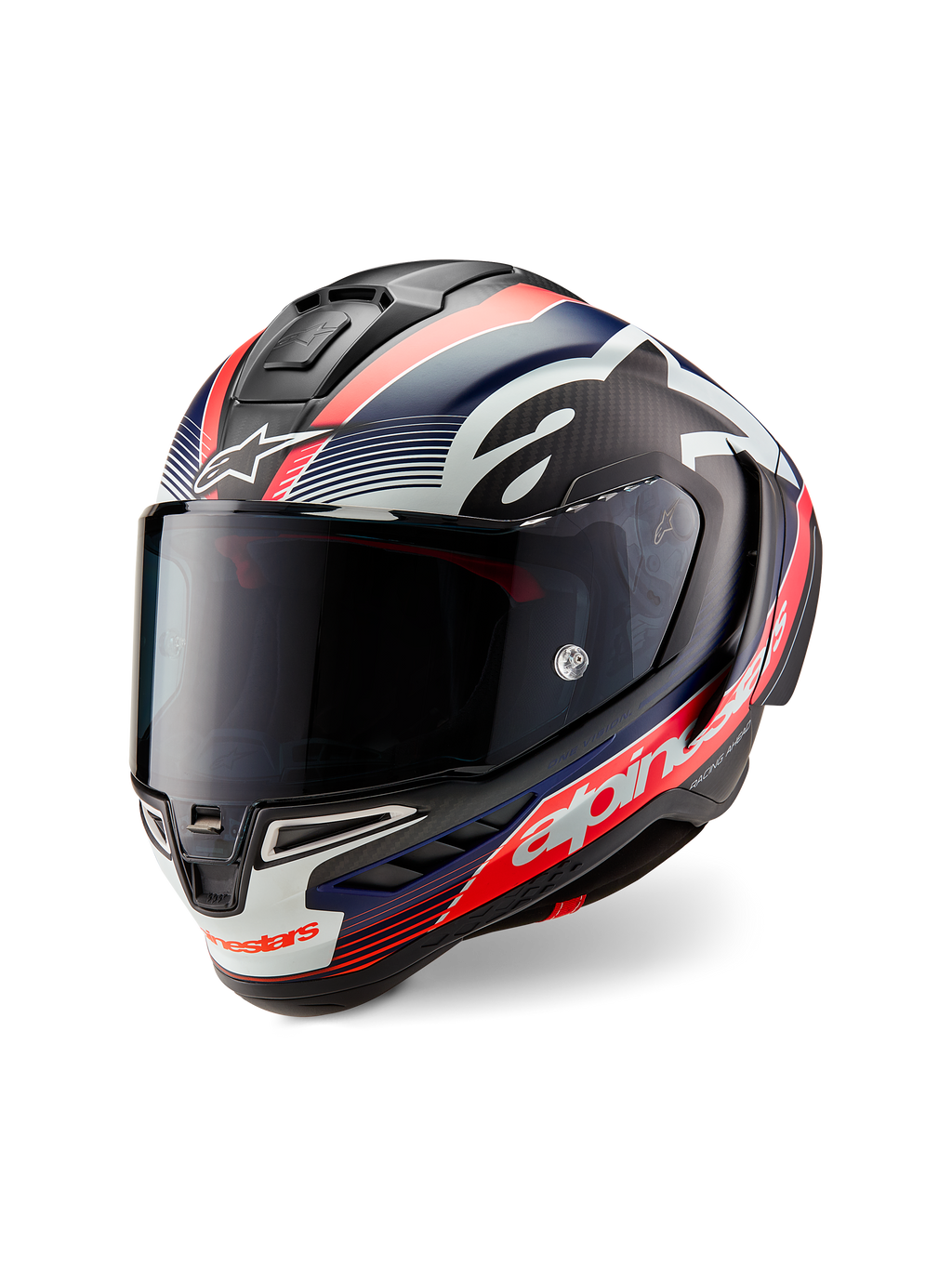 Casco Alpinestars Supertech R10 Team, carbonio nero con grafiche rosso fluo e blu opaco, vista frontale a tre quarti, dotato di visiera fumé scuro, calotta racing aerodinamica e logo Alpinestars bianco.