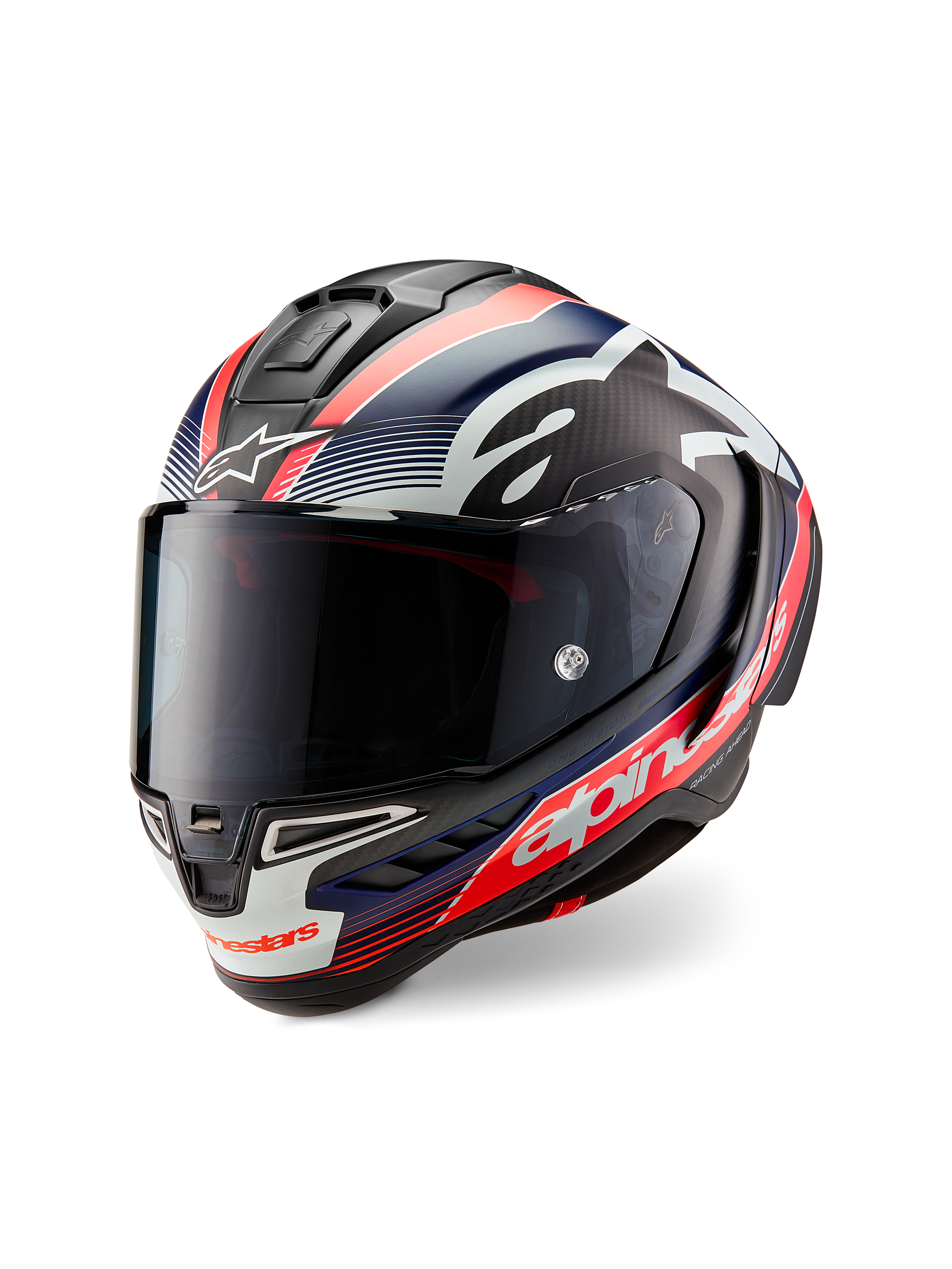 Casco Alpinestars Supertech R10 Team, carbonio nero con grafiche rosso fluo e blu opaco, vista frontale a tre quarti, dotato di visiera fumé scuro, calotta racing aerodinamica e logo Alpinestars bianco.
