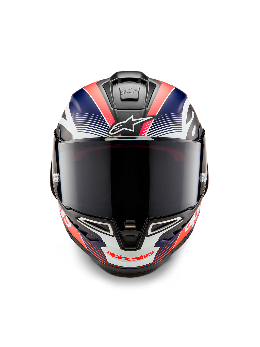 Casco Alpinestars Supertech R10 Team, casco integrale da moto racing, carbonio nero con grafiche blu opaco e rosso fluo, vista frontale con visiera fumé scura, design aerodinamico con prese d'aria integrate, equipaggiamento racing ad alte prestazioni