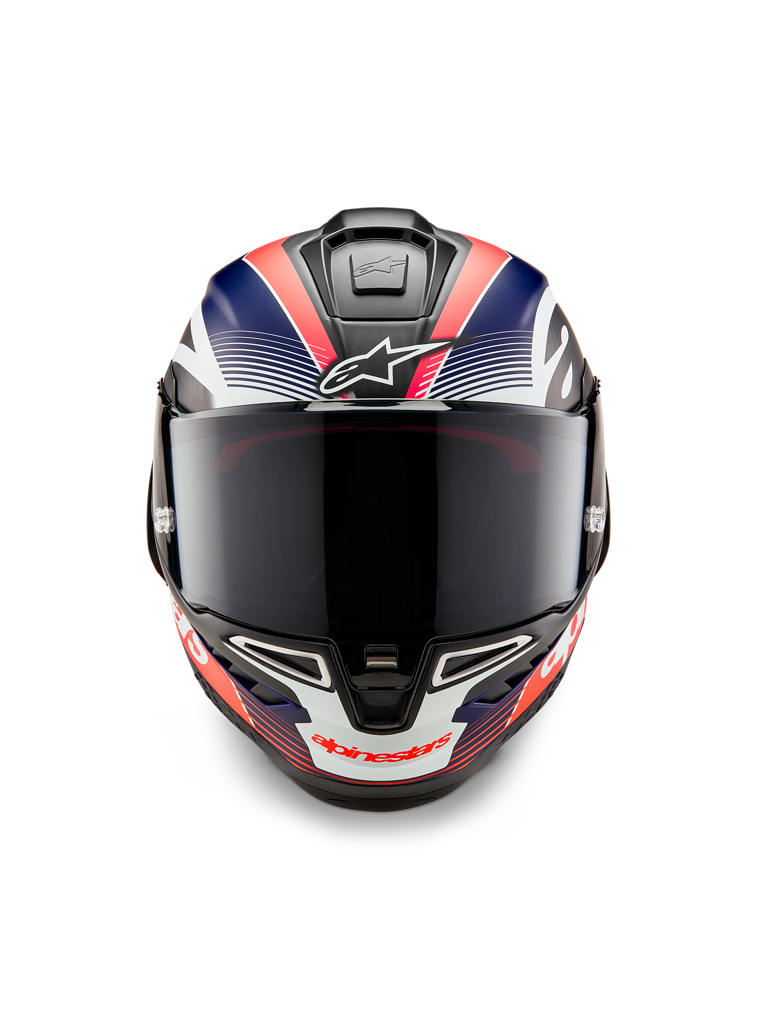 Casco Alpinestars Supertech R10 Team, casco integrale da moto racing, carbonio nero con grafiche blu opaco e rosso fluo, vista frontale con visiera fumé scura, design aerodinamico con prese d'aria integrate, equipaggiamento racing ad alte prestazioni