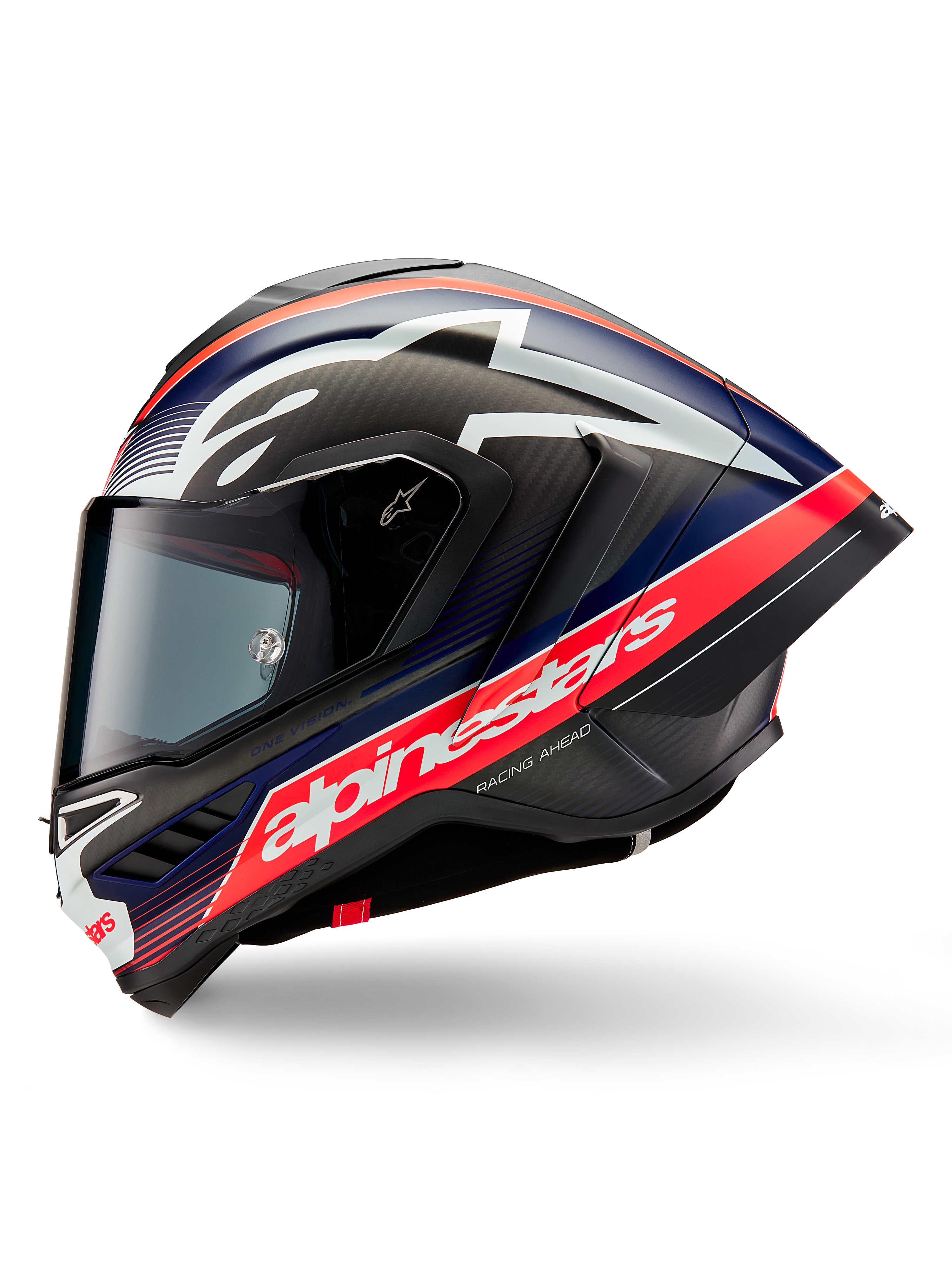 Casco Alpinestars Supertech R10 Team, vista di profilo laterale, Nero Carbonio, Rosso Fluo e Blu Opaco, con un grande logo Alpinestars bianco su una striscia rossa, calotta aerodinamica in fibra di carbonio con visiera oscurata, attrezzatura da corsa motociclistica ad alte prestazioni