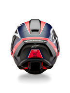 Casco Alpinestars Supertech R10 Team, vista posteriore, carbonio nero con accenti rosso fluo e blu opaco, con spoiler aerodinamico, logo Alpinestars bianco in evidenza ed etichetta di certificazione DOT, equipaggiamento professionale da motorsport