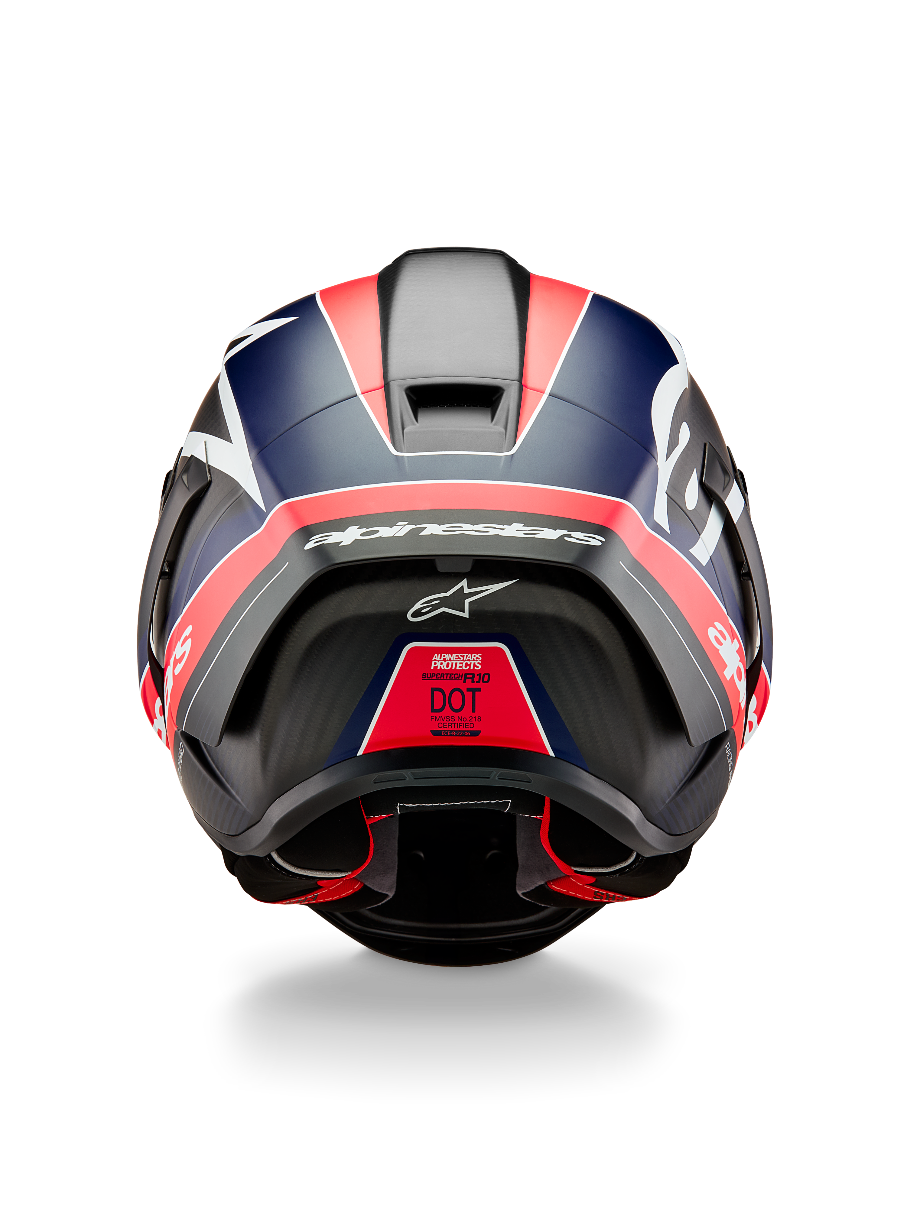 Casco Alpinestars Supertech R10 Team, vista posteriore, carbonio nero con accenti rosso fluo e blu opaco, con spoiler aerodinamico, logo Alpinestars bianco in evidenza ed etichetta di certificazione DOT, equipaggiamento professionale da motorsport