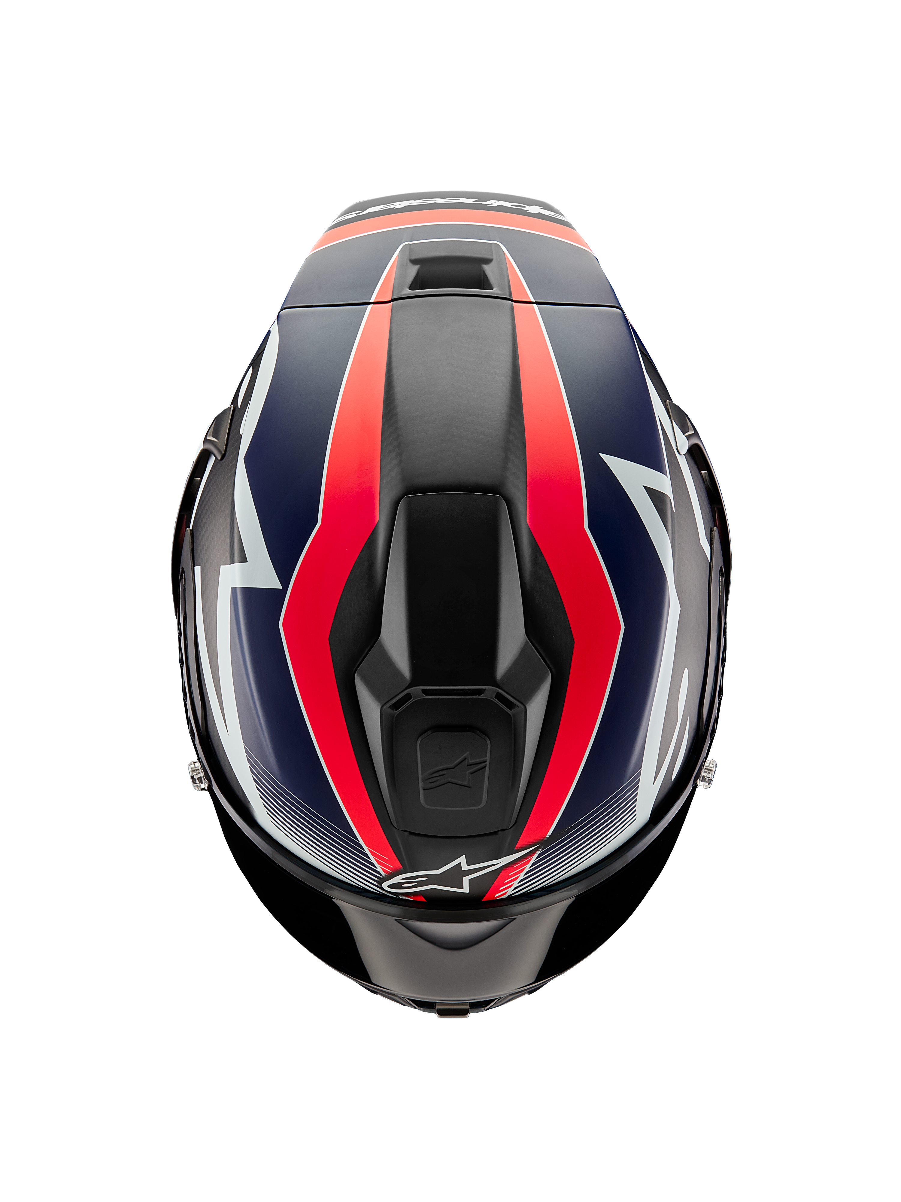 Casco Alpinestars Supertech R10 Team, vista dall'alto, carbonio nero con grafiche rosso fluo e blu opaco, design della calotta aerodinamico con prese d'aria superiori e audaci accenti racing