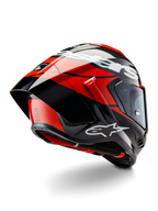 Casco Alpinestars Supertech R10 Element, carbonio nero, rosso vivace e bianco lucido, vista posteriore a tre quarti con ampio spoiler aerodinamico e calotta in fibra di carbonio, loghi Alpinestars in evidenza e certificazione DOT