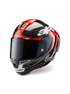 Casco Alpinestars Supertech R10 Element, casco da moto da corsa, nero carbonio, rosso acceso e bianco lucido, vista frontale a tre quarti con visiera scura fumé, calotta in fibra di carbonio lucida, prese d'aria superiori rosse, dettagli bianchi sulla mentoniera e loghi Alpinestars in evidenza, progettato per prestazioni aerodinamiche da competizione.