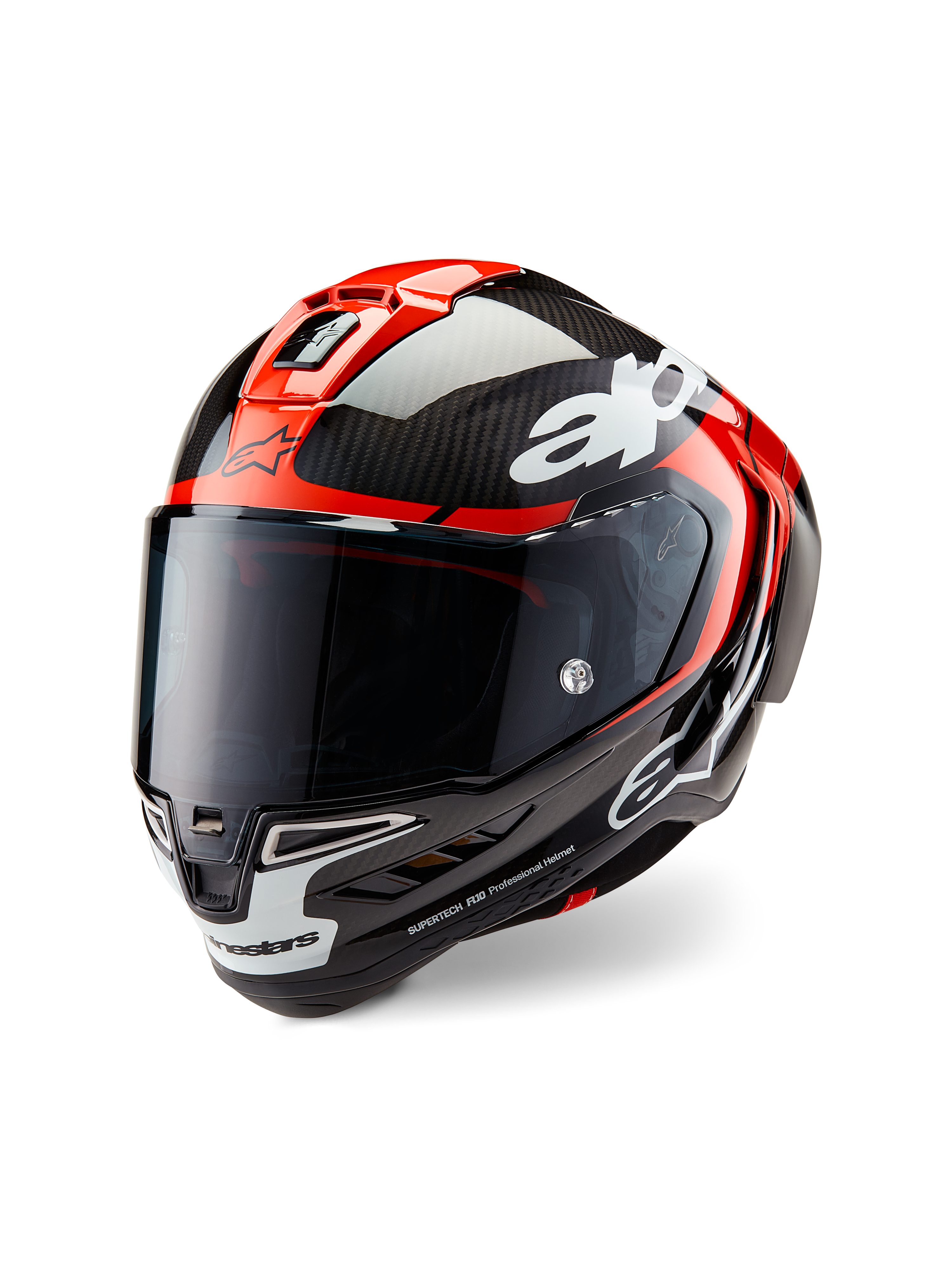 Casco Alpinestars Supertech R10 Element, casco da moto da corsa, nero carbonio, rosso acceso e bianco lucido, vista frontale a tre quarti con visiera scura fumé, calotta in fibra di carbonio lucida, prese d'aria superiori rosse, dettagli bianchi sulla mentoniera e loghi Alpinestars in evidenza, progettato per prestazioni aerodinamiche da competizione.