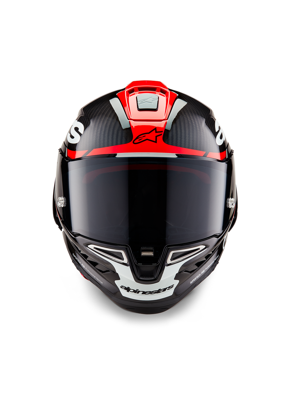 Casco Alpinestars Supertech R10 Element, Nero Carbonio con grafiche lucide Rosso Brillante e Bianco, vista frontale con visiera fumé scura, trama in fibra di carbonio a vista e ventilazione integrata, casco da moto professionale racing