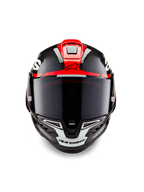 Casco Alpinestars Supertech R10 Element, Nero Carbonio con grafiche lucide Rosso Brillante e Bianco, vista frontale con visiera fumé scura, trama in fibra di carbonio a vista e ventilazione integrata, casco da moto professionale racing